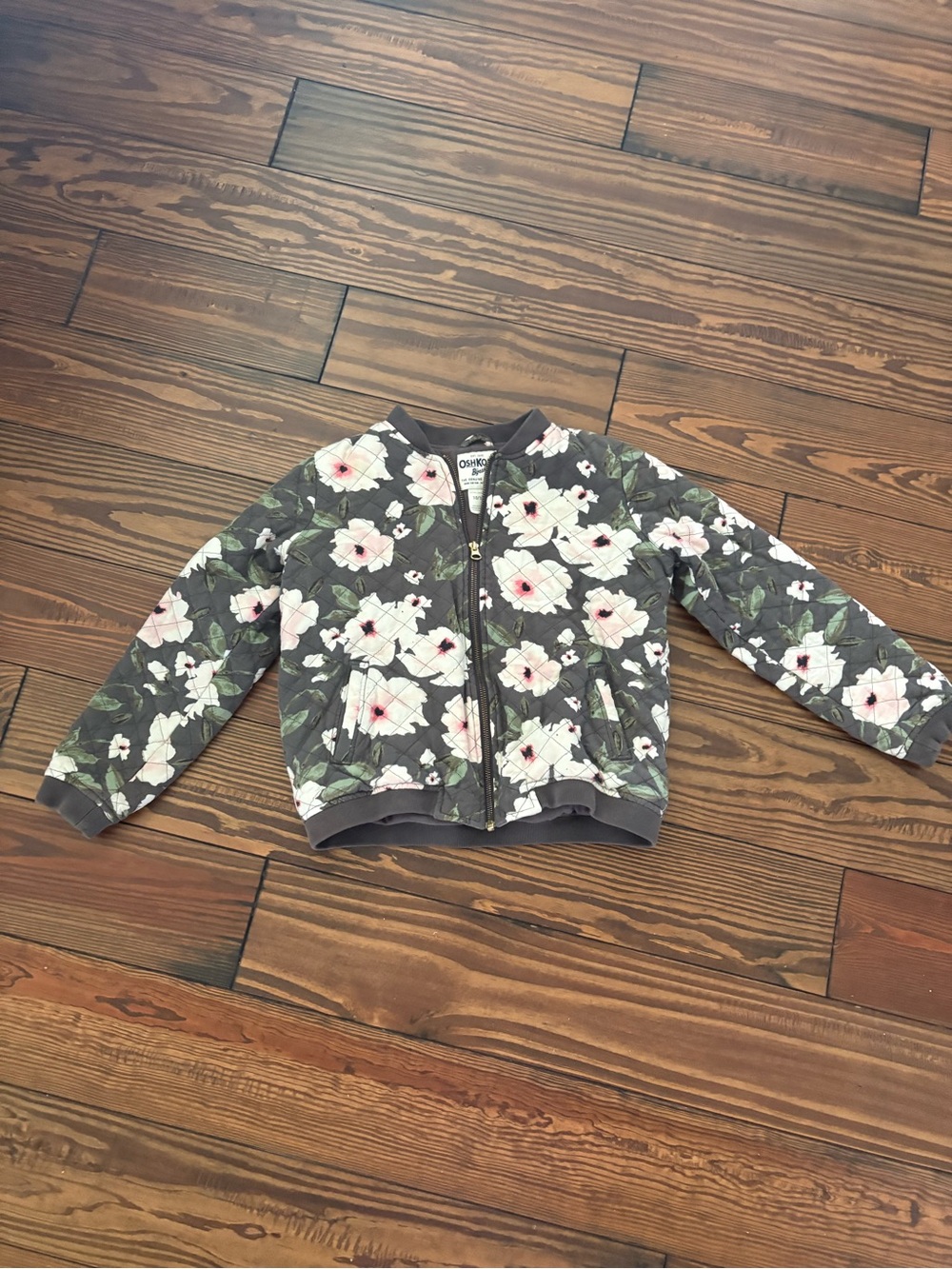 OshKosh B'gosh Floral Quilted Jacket - Gray with White & Pink Flowers